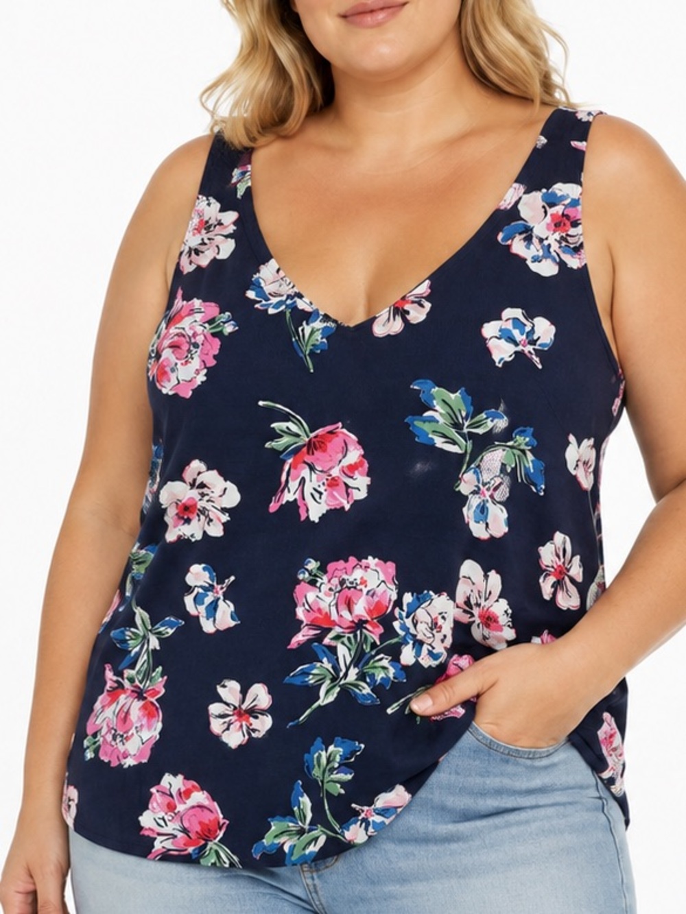 Joules Kyra Floral Tank Top Womens US 14 UK 18 Navy V Neck 100% Viscose